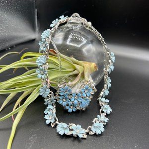 Vintage Crown Trifari Necklace Light Blue Enamel Fleurette Choker Brooch Set